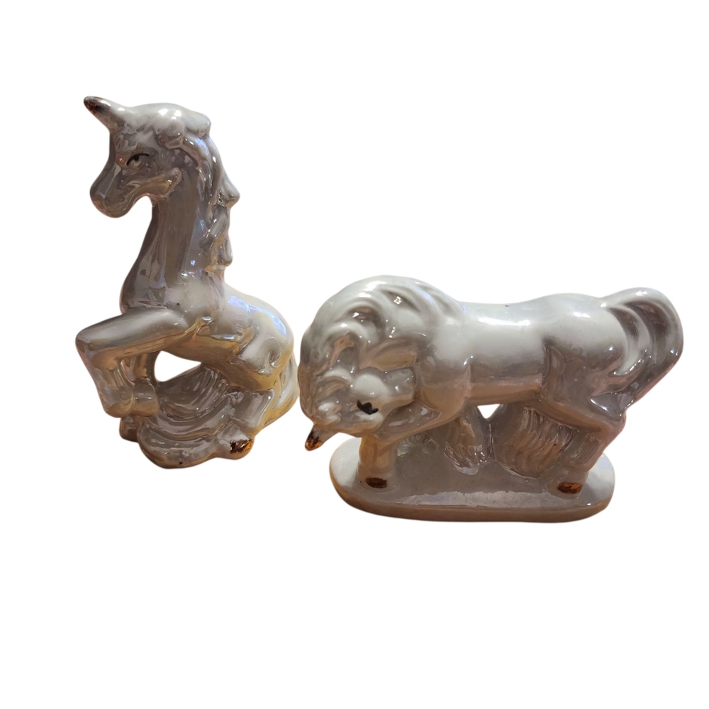 Vintage Pair of Iridescent White Ceramic Unicorn Figurines